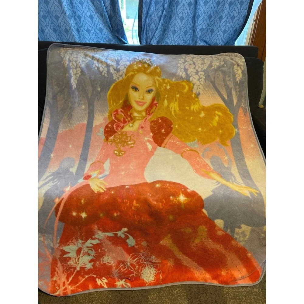 Mattel Barbie in The 12 Dancing Princesses throw plush fleece blanket Y2K VTG